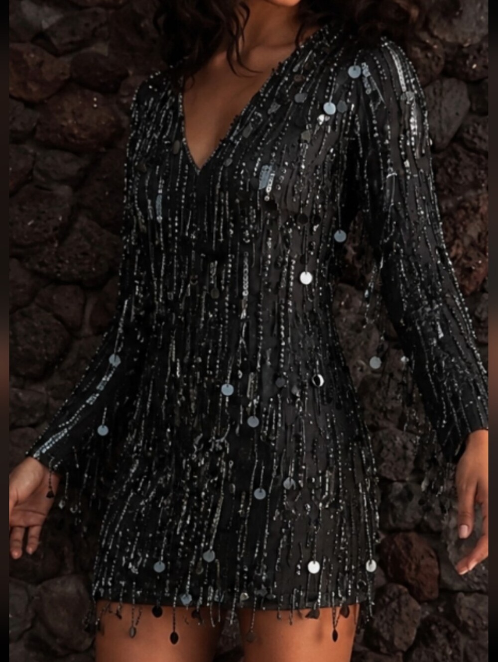 Mac Duggal Black Sequin Fringe Evening Dress